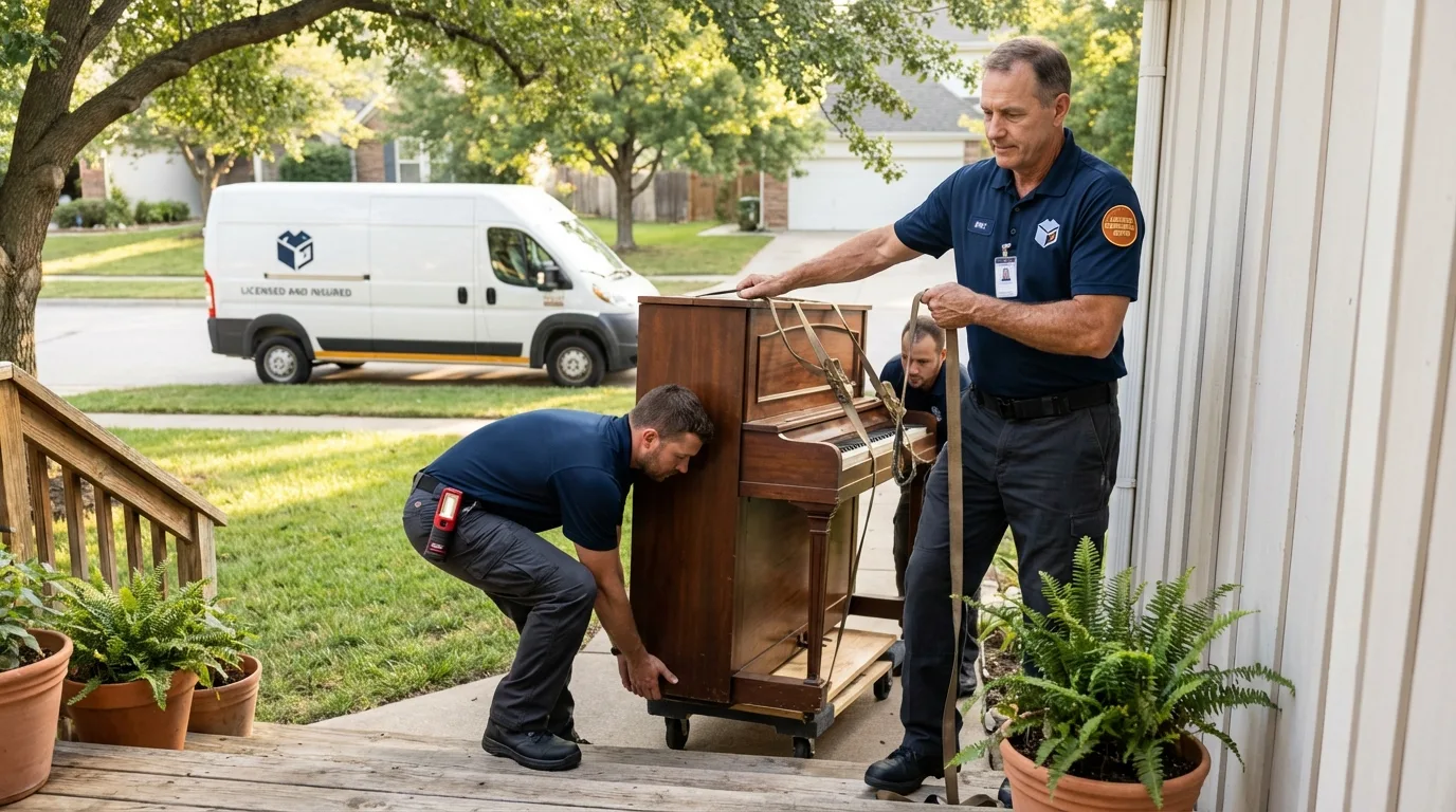 Licensed piano movers securing grand piano in Summit, MS