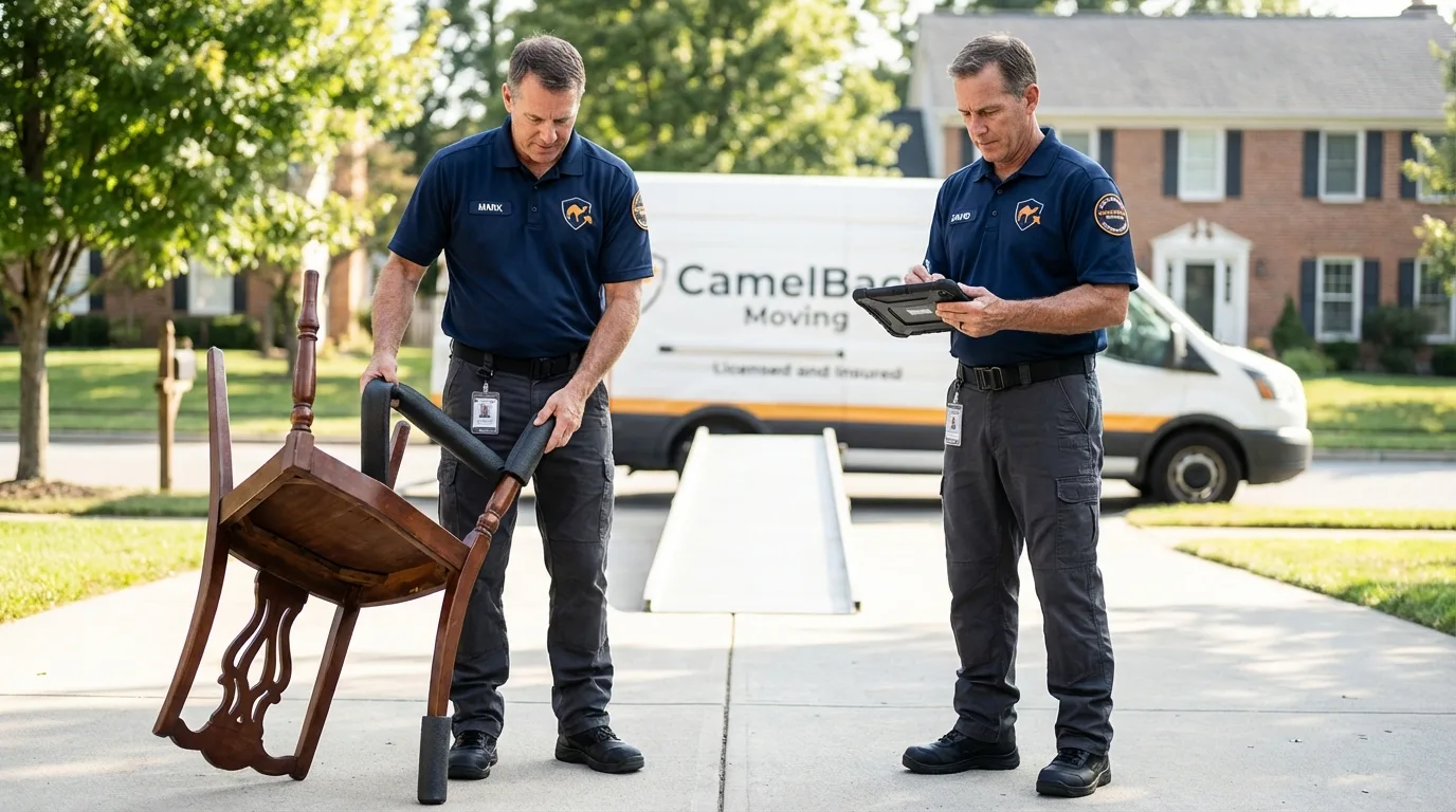 Movers inspecting furniture for damage prevention before loading in Summit, MS